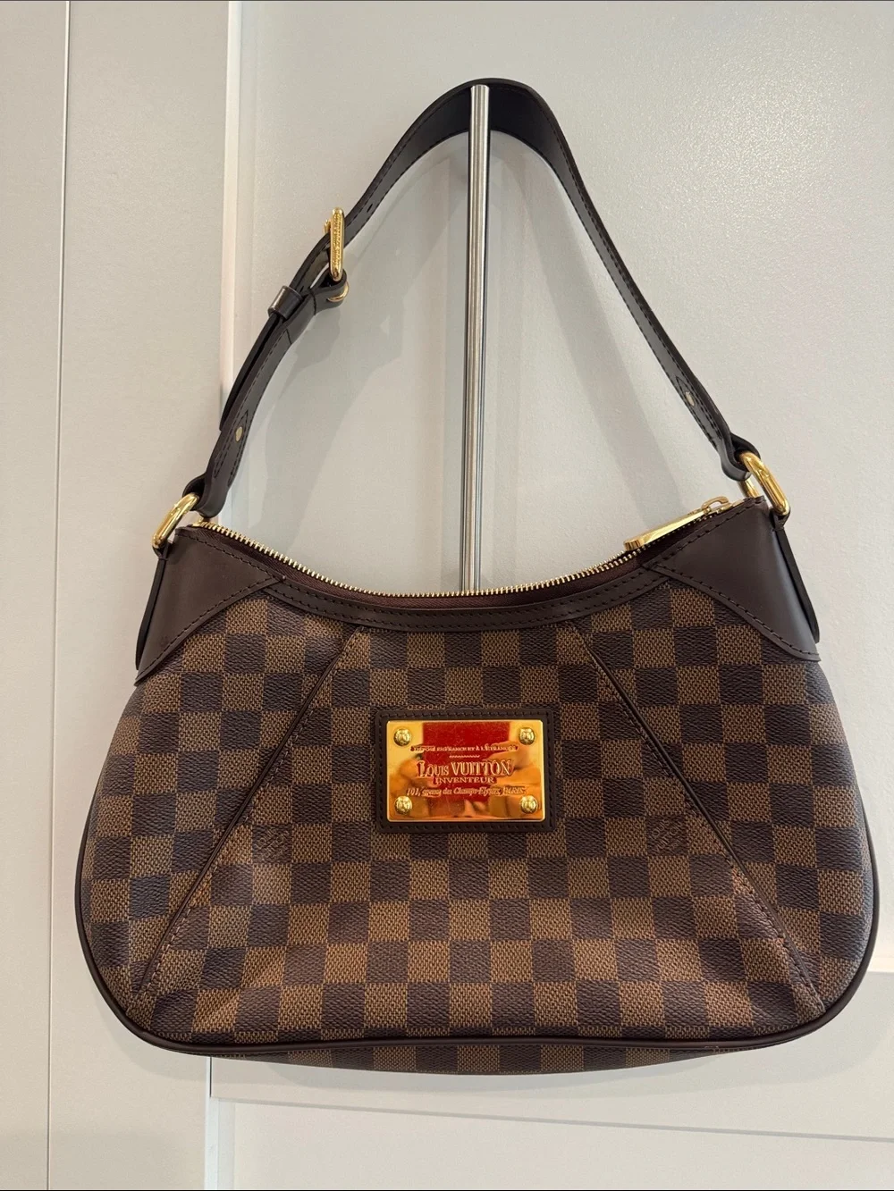 Louis Vuitton Dark Brown Damier Canvas Shoulder Hobo with Gold Plaque